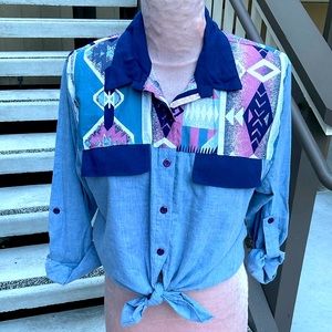 Vintage tapestry lightweight cotton denim aztec contrast collar & pocket flaps M